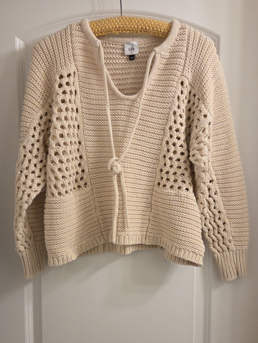 CAbi Cream V-Neck Cable Knit Sweater with Tie